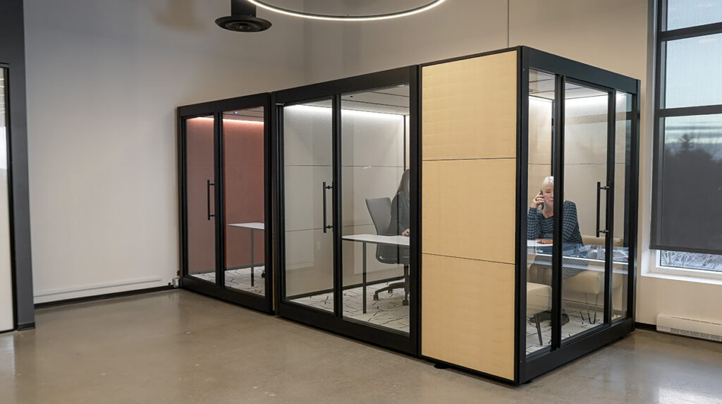 Glass-walled office pod with beige paneling in a modern workspace; a person sits at a desk and talks on the phone inside.