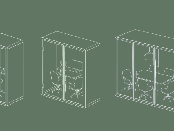 Progression of three modular office pods from small solo booth to larger conference room, showing desks, chairs, and glass doors on a green background.